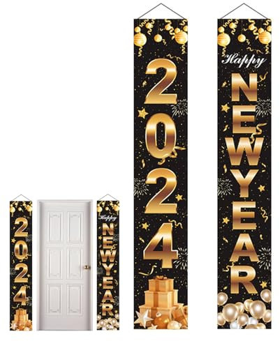 Türbanner Happy New Year, Schwarz-Gold, Neujahrstür- -Schild, Banner für Happy New Year Dekorationen 2024 Silvester Party Supplies Home Silvester Dekorationen Fotohintergrund