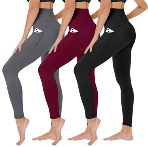 TNNZEET 3er Pack Leggings Damen High Waist Schwarz Leggins Blickdicht für Sport Gym(Schwarz/Dunkelgrau/Weinrot-mit Taschen,S-M)