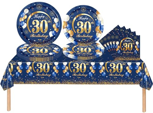 ZSYIULIA 53Pcs Navy Blue 30th Happy Birthday Party Tableware Decorations for Him Plastic Table Cloth,7,9inch Paper Plates,Napkins for Men Birthday Party