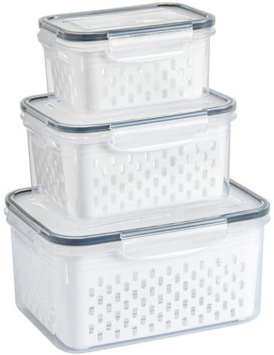 Lizbin 3 PCS Fruit Storage Containers for Fridge with Removable Colander, Leak proof Food Storage Containers, Airtight Food Storage Container, Food Storage Containers with Lids, Keep Food Meat Fresh