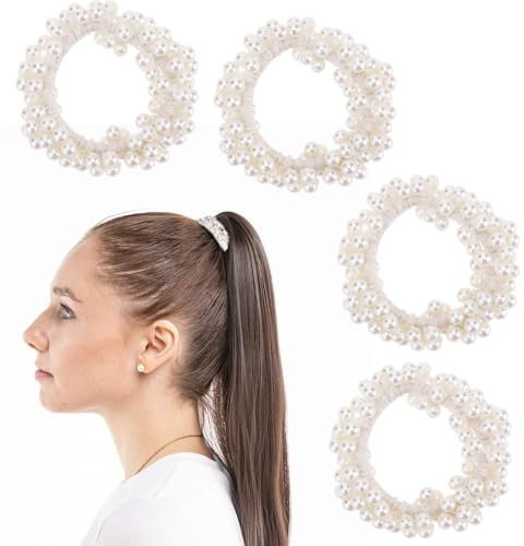 4 Stück Haargummi Perlen Elastische Weiß Haarschmuck für Damen Ausgefallene Perlen Pferdeschwanz Haarbänder zum Dekorieren von Damenfrisuren