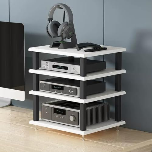 ZIUSFAC 4 Etagen Audio-Video-Komponenten Rack AV-Medienständer Haus/Büro Audio-/Video-Rack Holz Regal Stereoanlage Ständer Netzwerk-Server-Rack Für Büro/Wohnzimmer(White,4 Tier)