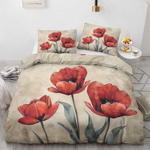 NOGAWA Bettwäsche Roter Mohnblumen 135x200 - Bettbezug Floral, Bettwäsche-Sets 2 teilig, Weich & Atmungsaktiv Mikrofaser Wendebettwäsche und 1 Kissenbezug 80x80 mit Reißverschluss