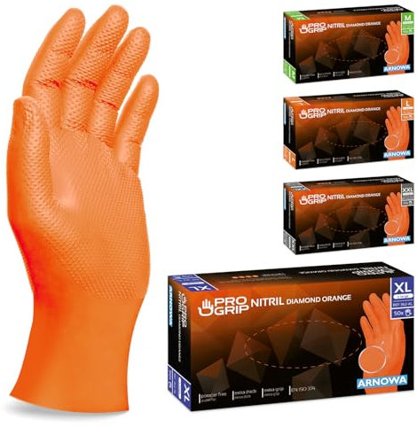 100x PROGRIP Guantes nitrilo talla XL Naranja [Con doble grosor y textura diamante], Guantes desechables de nitrilo para taller, industria y montaje, Luvas nitrilo descartaveis