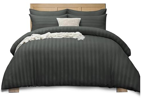 APEX FURNISHINGS Satin Stripes Super King Duvet Cover Set Reversible Soft Breathable Microfiber Bedding with 2 Pillowcases, Super King Bed Set (Charcoal)