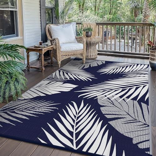 GENlMO Outdoor Teppich 150x240cm Wetterfest, Waschbarer Camping Teppich Wendbar UV-bestandig Carpet, Kunststoff-Picknickdecke für Balkon, Garten, Wohnmobil, Deck, Hinterhof, Dunkelblau & Weiß