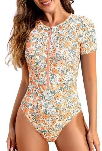 Tuopuda Women's One Piece Swimsuit High Neck Zipper Swimming Costume for Women Short Sleeve Modest Swimwear Tummy Control Ladies Padded Bathing Suit Push Up, Orange, L
