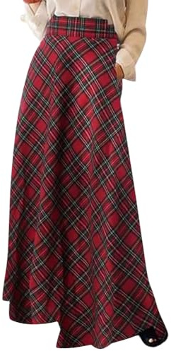 shownicer Jupe à Carreaux Longue Femme Automne Hiver Vintage Taille Haute Maxi Jupe A-Line Plissée Jupe Élégant Swing Jupe avec Poche