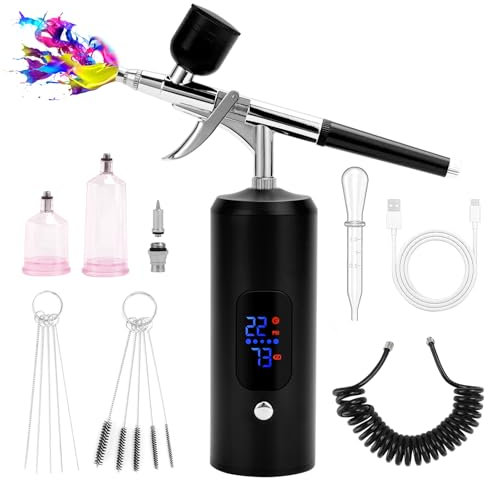 BriSunshine Kit Aérographe Sans Fil, 38PSI Réglable avec Compresseur, Rechargeable, Écran LCD, Tuyau Extension, Idéal pour Coiffure, Nail Art, Décoration Gâteaux, Maquillage, Peinture Modélisme