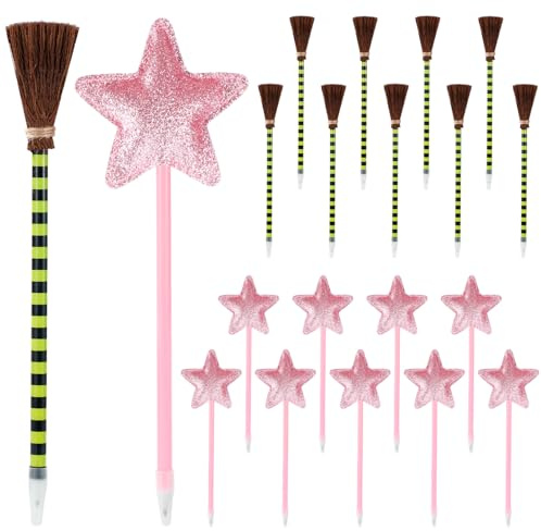 SAVITA 20stk Partygeschenke Thema Prinzessin und Hexe, 10 Glitzer Stern Kugelschreiber und 10 Gestreifte Hexenbesen Stifte für Halloween Geburtstag Cosplay Party Zubehör Fangeschenke