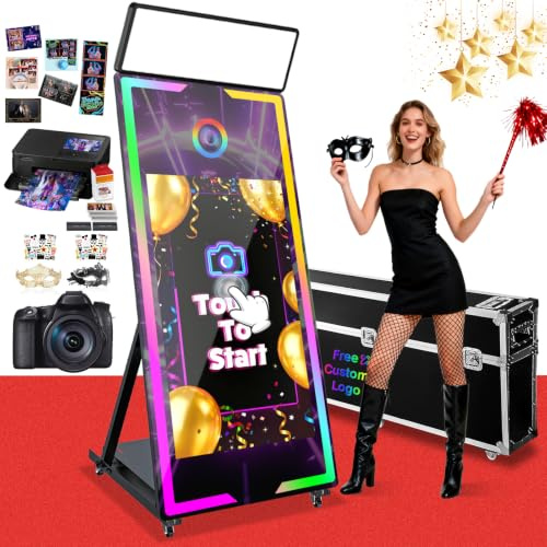 Magic Mirror Photo Booth 65 with Camera and Printer,43'' Interactive Touch Screen Mirror Photo Booth Built-in Mini PC, APP Remote RGB Light Instant Print and Share for Professional Party Photography