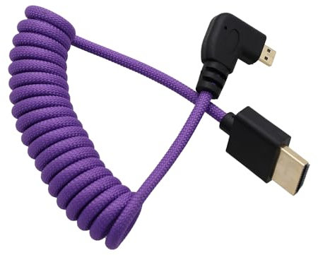 HangTon Câble micro-HDMI vers HDMI 8K à angle droit pour ATOMOS Ninja V Shinobi, Sony ZV-E10 A7C A7R4 A6700, Canon R6II R5C R10, Lumix S5 S9 G100, Fujifilm X-T50, violet tressé spiralé, 30 cm