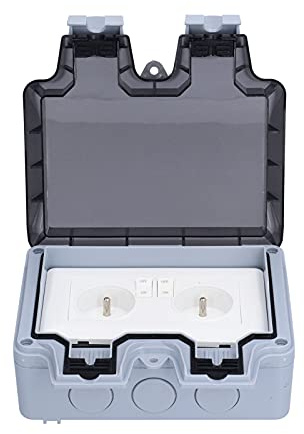 Enchufe, Toma de corriente doble francesa for exteriores, 250 V, 16 A, IP66, resistente al agua, con interruptor