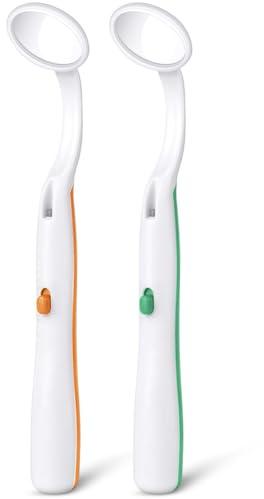 ACWOO Mundspiegel mit LED-Licht, 2 Stück Oral Dental Mirror Dentalspiegel, Zahnarztspiegel mit Anti-Fog-Beschichtung, Mund Zahn Inspektion Spiegel, Zahnpflegespiegel für Zahnpflege (Orange + Grün)