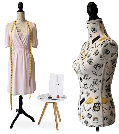 Relaxdays Schneiderpuppe, weiblich, Größe 36/38, höhenverstellbar 160–175 cm, Holzständer, London-Design, Creme/schwarz