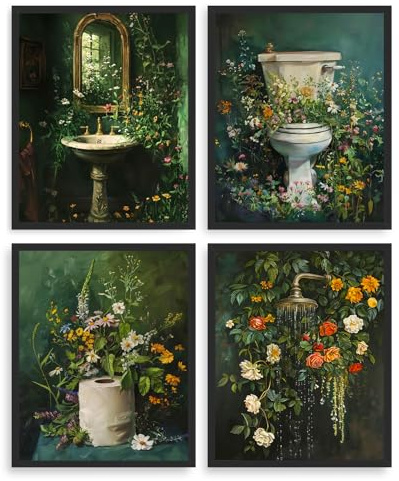 Dazzlewall 4er Set Vintage Dunkelgrüne Badezimmer Wandbilder, Blüten Toilette Waschbecken Dusche Wanddeko für Badezimmer Toilette Ohne Rahmen 20x25 cm