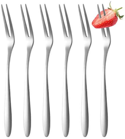 6 Pcs Stainless Steel Fruit Forks, Mini Appetizer Dessert Cocktail Forks | Stainless Steel Two-Prong Forks, Rustproof Polished Finish, Ideal for Seafood Olives Pastry Salad Parties & Everyday Dining