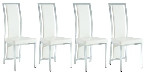 SEEDWAVE Esszimmerstühle 4er Set, Küchenstuhl mit gebogener hoher Rückenlehne, PU-Leder Sitzfläche, Metallrahmen, Metallstuhlbeine und verstellbaren Fußgleitern (4, Weiß/silbernen Beinen)