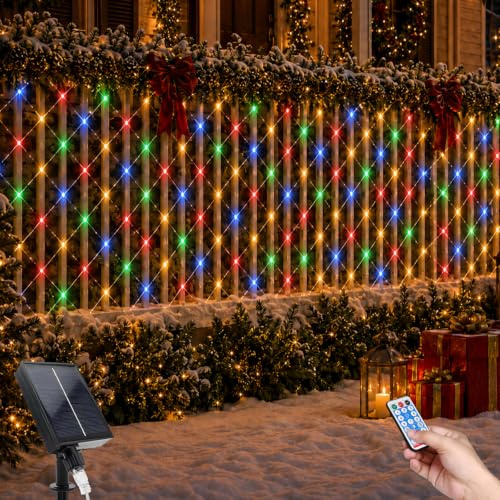 Lichternetz Solarleuchten Außen, 1.5*1.5M 96LEDs Lichterkette Außen Netz mit Fernbedienung, 8 Beleuchtungsmodi Wasserdichte Lichternetz für Garten Weihnachten Hochzeit Party (Farbe, 1.5M*1.5M)
