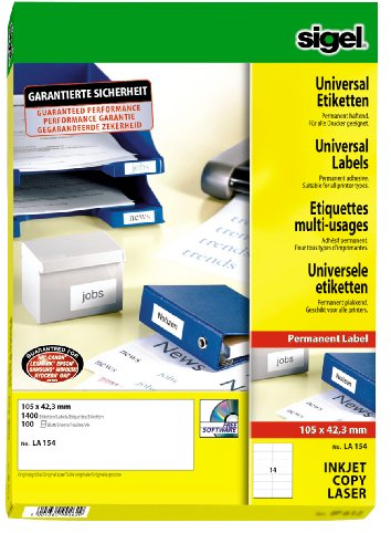 Sigel LA154 Universal-Etiketten weiß, 105 x 42,3 mm, 1400 Etiketten = 100 Blatt