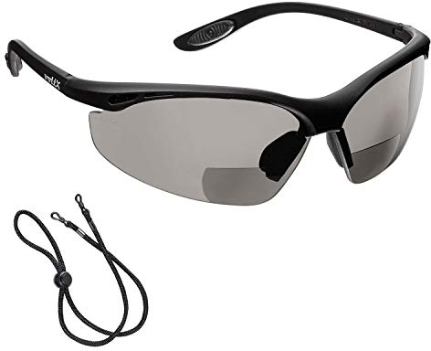 voltX CONSTRUCTOR BIFOKALE Schutzbrille mit Lesehilfe (RAUCHGRAUE +2.0 Dioptrie) Sportbrille für Radler enthält Sicherheitsband, CE EN166F Bifocal Safety Glasses
