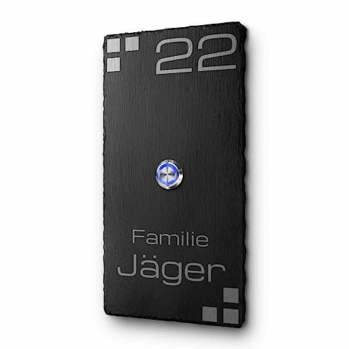 Schiefer Klingelschild mit Wunschgravur und Motiven | Türklingel Modell Jäger 10x20 cm - Optional mit beleuchtetem LED-Klingelknopf und diversem Zubehör - Naturschiefer Klingel