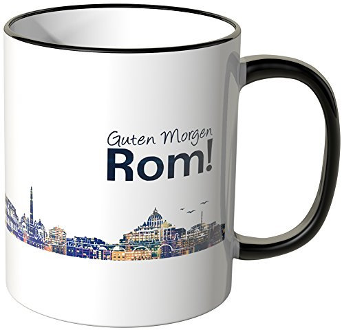 WANDKINGS® Tasse, Schriftzug Guten Morgen Rom! mit Skyline bei Nacht - SCHWARZ
