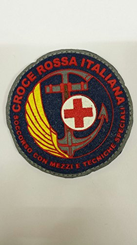 TOPPA PATCH CIRCOLARE A STRAPPO CROCE ROSSA ITALIANA SOCCORSO CON MEZZI E TECNICHE SPECIALI - SCRITTE E DISEGNI GOMMATI SU SFONDO BLU - DIAMETRO 7,3 CM