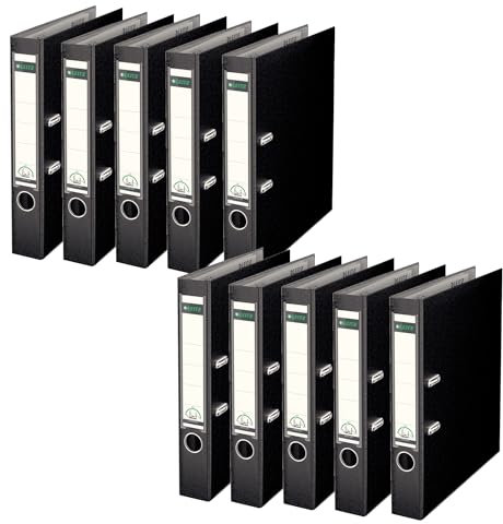Leitz Qualitäts-Ordner 180° Plastik, 10er Pack, das Original, A4 Aktenordner 5 cm schmal, 90% Recycling-Karton, 30% Pre-Consumer Recycling-Kunststoff, Mit 180° Mechanik, 350 Blatt, Schwarz, 10151095