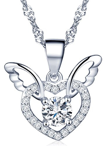 Unendlich U Fashion Charme 925 Sterling Silber Damen Halskette Engel Flügel Herz Zirkonia Anhänger Kettenanhänger, Silber