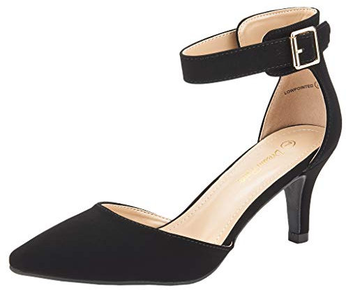 DREAM PAIRS Womens Court Shoes Pointed Toe Low Kitten Heel Ladies Pumps Ankle Strap Dress Sandals Lowpointed Black Nubuck Size 7 US/ 5 UK
