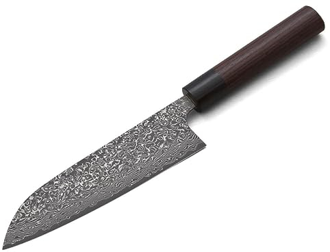 Damast Profi-Messer SANTOKU Kurosome Yoshimi Kato. Klingen-Länge 17cm. VG-10 Schneidkern, 30 Lagen Damast, hand-geschmiedet. Runder Echt-Holz-Griff aus hochwertigem Rosenholz-Palisander