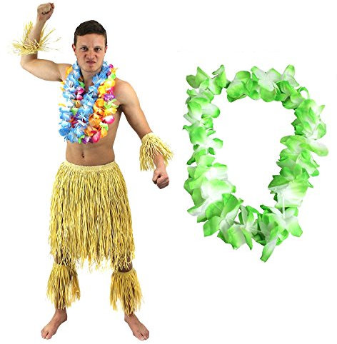I LOVE FANCY DRESS HAWAIIANER SÜDSEE ZULU KÄMPFER KOSTÜM VERKLEIDUNG=6 TEILIGE=1 GRÜNE LEI/BLUMENKETTE+2 BEIN STULPEN+2 ARM STULPEN+BASTROCK=HÜFTUMFANG UNGEFÄR -76-137cm+LÄNGE UNGEFÄHR - 58cm