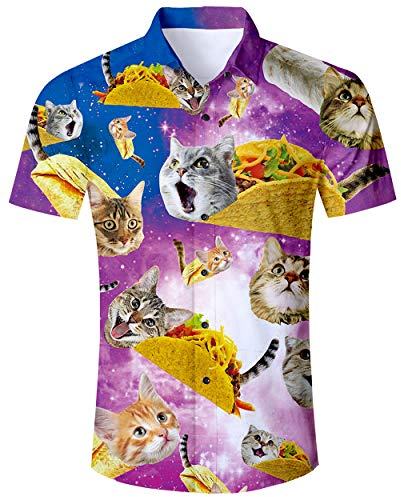 ALISISTER Mens Hawaiian Shirt 3D Taco Cat Printed Short Sleeve Novelty Shirt Tropical Button Down Shirt Beach Holiday Aloha Summer Regular Shirts Colorful for Men, A2-pizza Cat, M