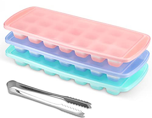MOSOTECH Eiswürfelform, 21-Fach Silikon Eiswürfelbehälter Mit Deckel und Eisclip, 3 Stück Stapelbar Eiswürfelformen Ice Cube Tray