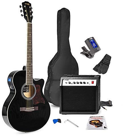 Beginner Electric Acoustic Guitar Kit with 40W Amp, Grand Auditorium Cutaway Body, Built-In LED Tuner & EQ, Gig Bag & Accessories - Max SHOWKIT Black