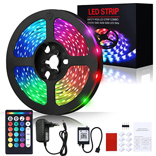 LED Strip 5M,Bluetooth LED Streifen 5m RGB LED Lichterkette Streifen Licht mit Fernbedienung und App,16 Mio. Farben, Fernbedienung, Sync mit Musik, LED Band für Schlafzimmer TV Zuhause Schrankdek