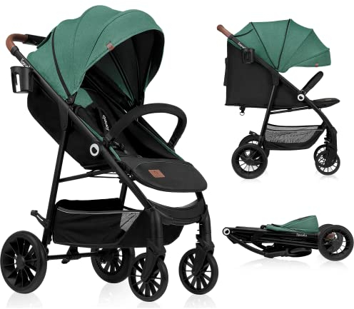 LIONELO Zoey Kinderwagen Buggy bis zu 15 kg, XXL-Verdeck mit Sonnenschutz, Liegeposition, Fußstützenverstellung, EVA Schaumstoffräder, Moskitonetz, zusammenklappbar Grün
