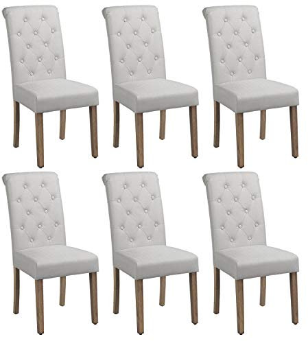 Yaheetech Set 6 Sedie Imbottite Sala da Pranzo con Schienale Alto Sedia da Cucina Gambe in Legno Sedie Eleganti Massello con Bottoni per Soggiorno Camera da Letto Beige/Tessuto