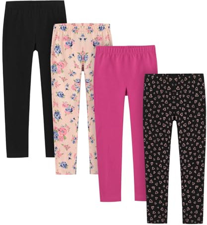 LAPASA Leggings Fille Lot de 4 Uni & à Motifs Collants 3-13 Ans Extensible Doux Danse Gym G11 Noir, Fleurs A, Rose, Coeurs Roses 7-8 Ans
