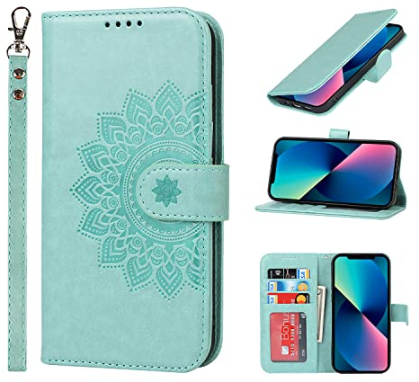 ELTEKER Handyhülle iPhone 13, Hülle für iPhone 13 Klapphülle, [3 Kartenfächer] [Magnet Verschluss] Leder Eleganter Prägung schutzhülle Klapphülle Ledertasche Hülle für iPhone 13, Grün