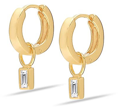 LeCalla 925 Sterling Silber 18K vergoldet Huggie Hoop Ohrringe und Bergkristall Baguette Ohr Charm Set für Frauen Teen