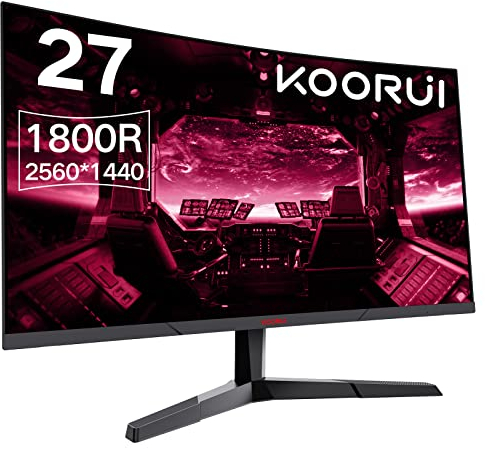 KOORUI QHD Monitor Curvo de 27 Pulgadas, Monitor de Juegos de computadora VA rápido (2560 * 1440P, R1800, 144 Hz, 1 ms, DCI-P3 85%, DP+HDMI, Modo de Juego, protección Ocular, botón basculante), Bisel