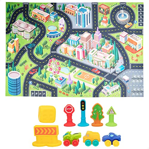COLORBABY 49639 Teppich Stadt mit weichen Fahrzeugen, Mehrfarbig