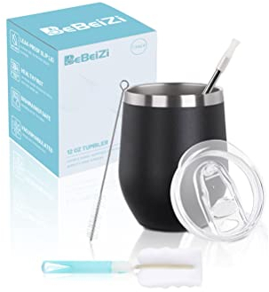 BeBeiZi Copa de vino de acero inoxidable, 350 ml, vaso de vino sin tallo con tapa y pajita, taza de café de viaje aislada al vacío para cócteles, café, regalo de boda, cumpleaños para mujeres,