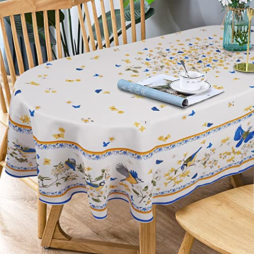 Ovale Tischdecke, blaue Blumenmuster, französische ovale Tischdecke, bedruckt, florales Vogel-Tischdecke, Stoff für drinnen und draußen, französische Tischdecke für ovale Tische, 152x213 cm