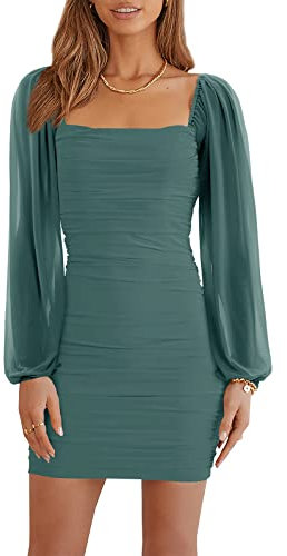 Wenrine Abiti da Donna Vestito Aderente da Festa Maglia Manica Lunga Scollo Quadrato Mini Abito.Verde.S
