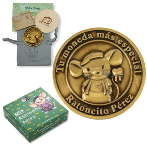GreatDreams® Moneda del Ratoncito Pérez con Vajilla en Miniatura e Historia Secreta del Ratón Pérez