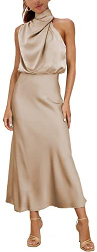 MIRGLER Robe longue élégante et formelle à col montant en satin élastique taille haute, Robe Fluide Habillée pour femme, champagne, Taille S