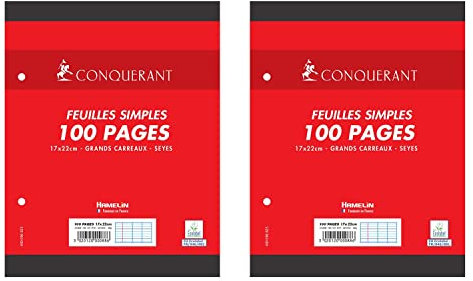 CONQUÉRANT Lot de 2 euilles Simples 17x22cm 100 Pages 90G Grands Carreaux Sous Film Blanches